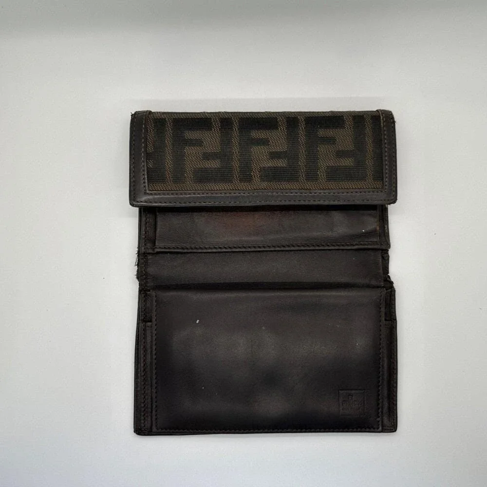 Fendi Zucca Print Canvas Leather Trim Bi Fold Wallet Brown Authentic Designer
